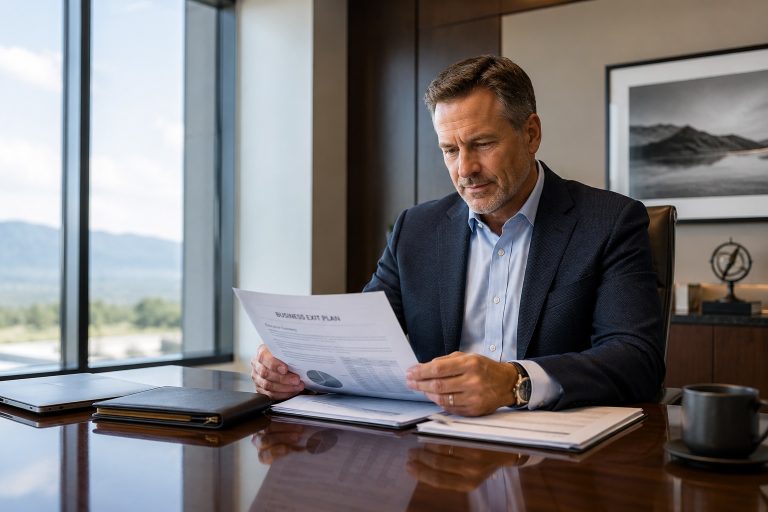 Business owner reviewing exit planning documents at an executive conference table