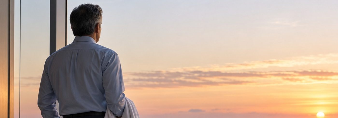 Before You Hang Up the White Coat 1 A physician holding his white coat looks out a window at sunrise